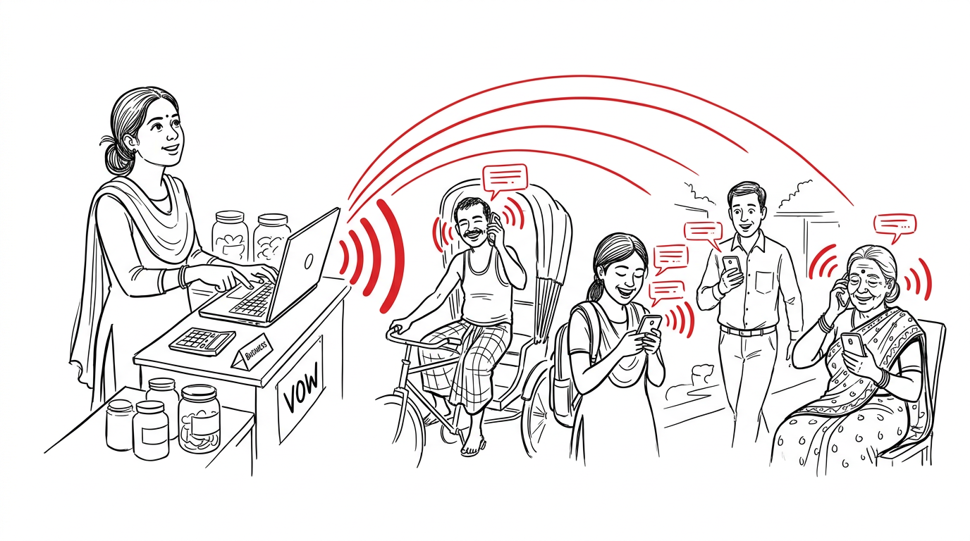 Line drawing of a shop owner launching a voice campaign on her laptop, red sound waves reaching a rickshaw puller, a student, an office worker and an elderly woman on their phones.