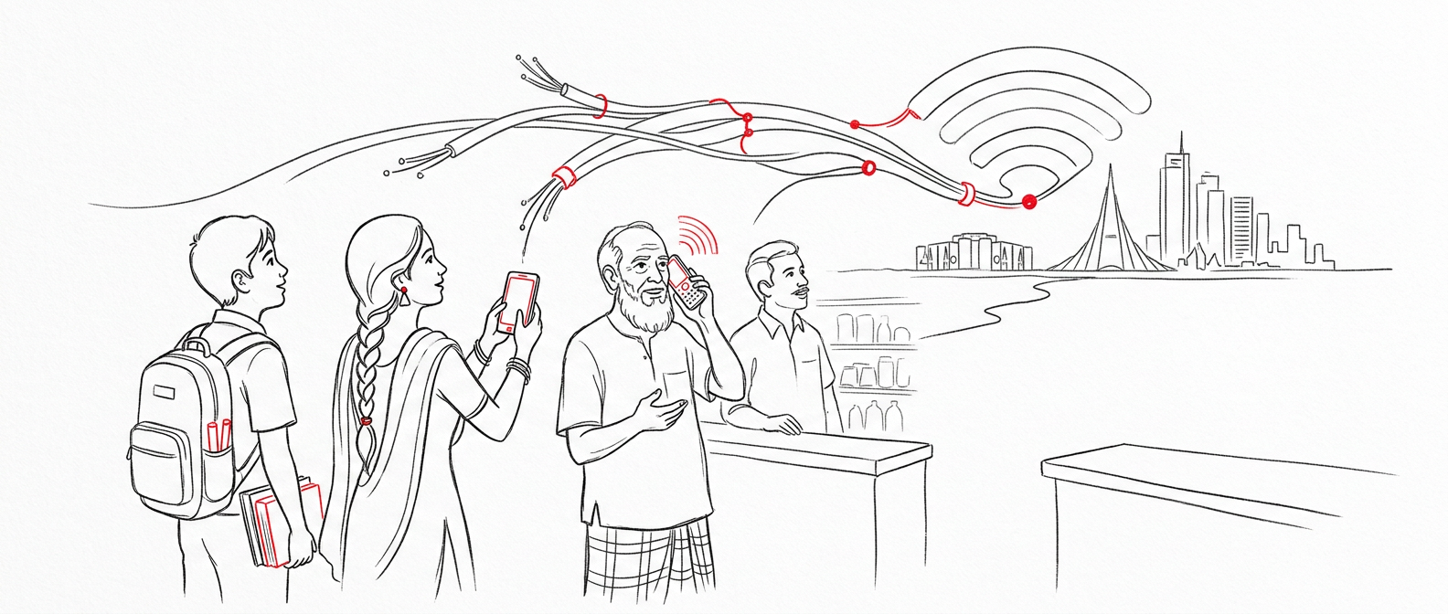 Line drawing of a student, a woman with a smartphone, an elderly man on a feature phone and a shopkeeper, with fibre cables and WiFi signals flowing above them toward the Dhaka skyline.